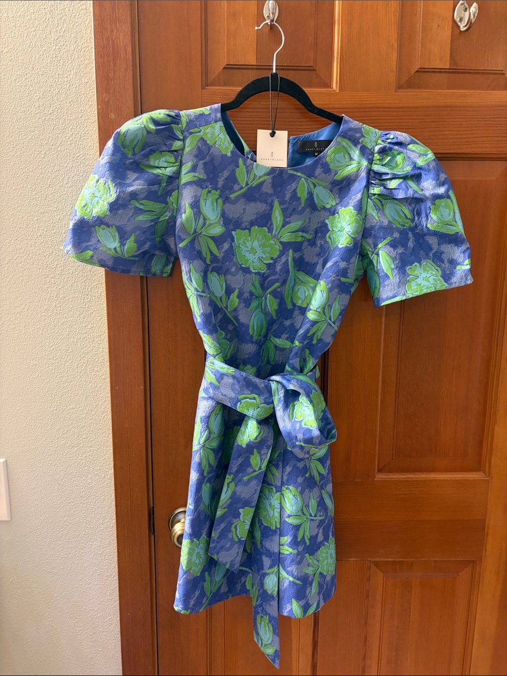 Floral Puff-Sleeve Mini Dress in Blue & Green with Self-Tie Waist